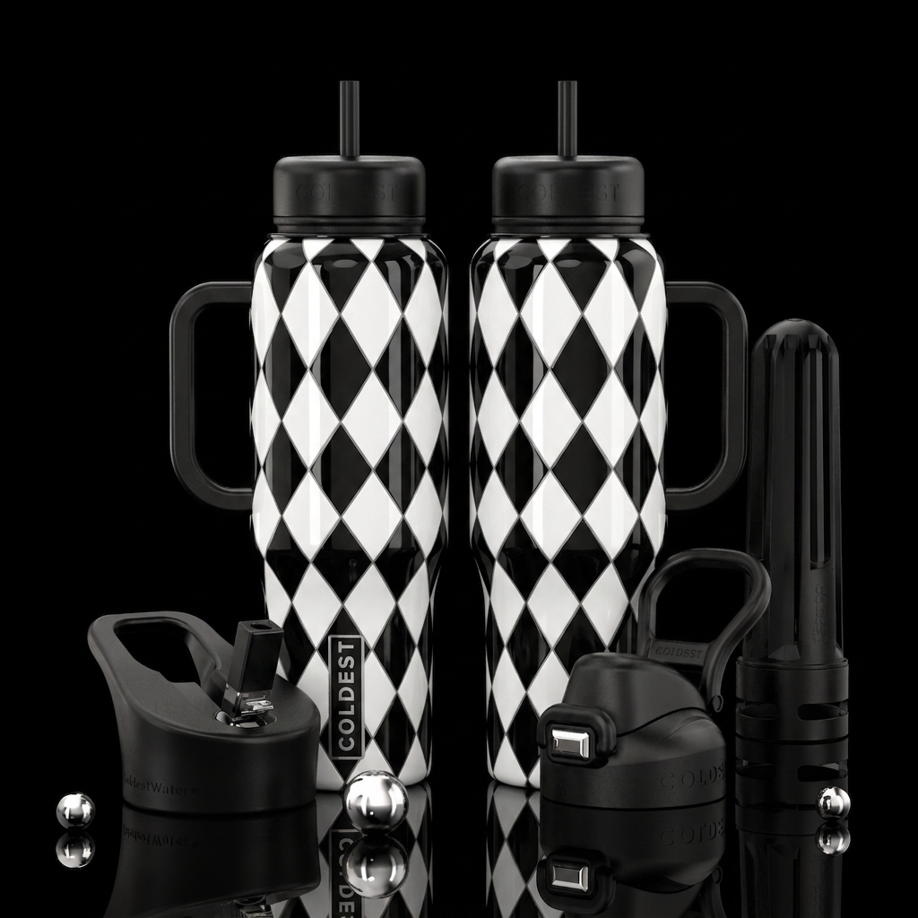 A photorealistic, seamless 360-degree vertical wra... water bottle design
