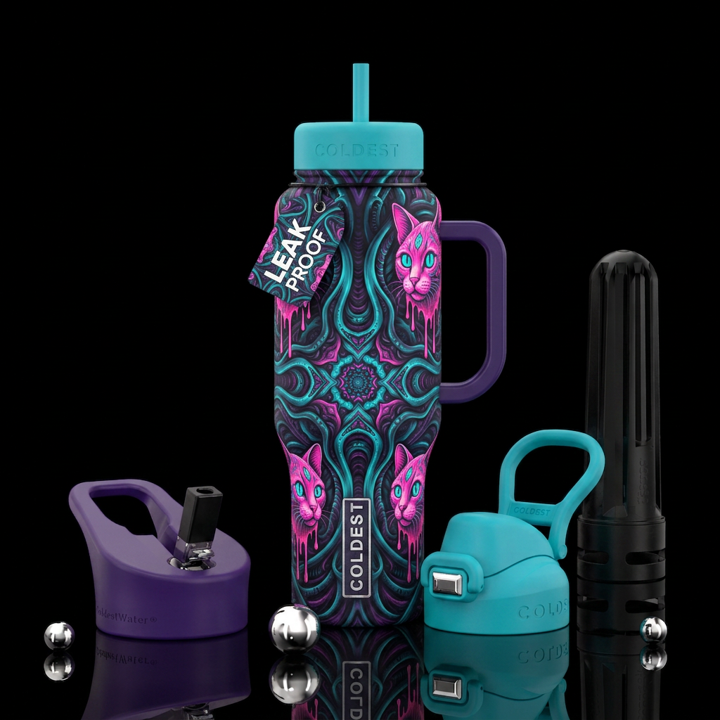 Prismatic Purr water bottle design