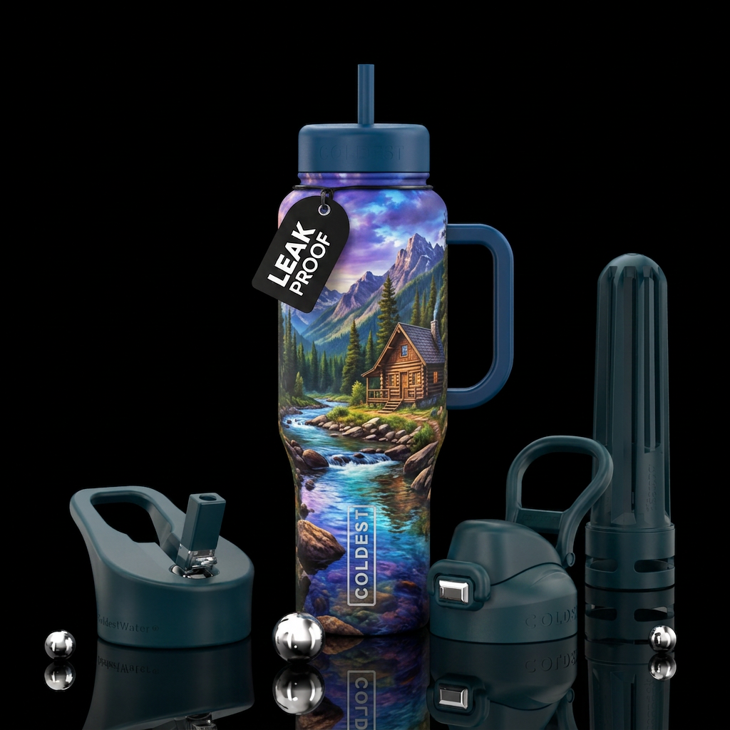 mountains with a cabin in the woods by a stream water bottle design
