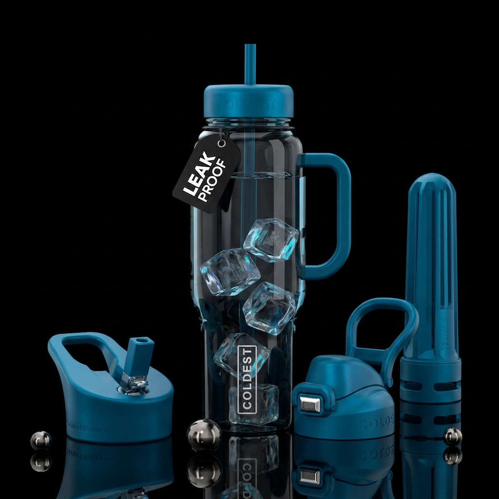 dark bottle with water and iridescent  ice cubes o... water bottle design