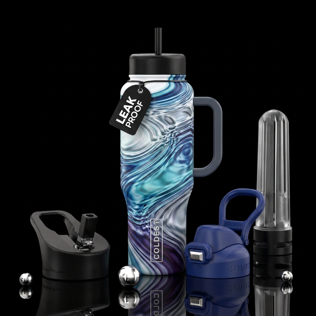 tranquil moments water ripples with blue white gra... water bottle design