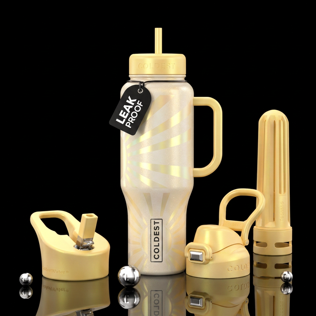 sun-kissed white with iridescent glowing pale yell... water bottle design