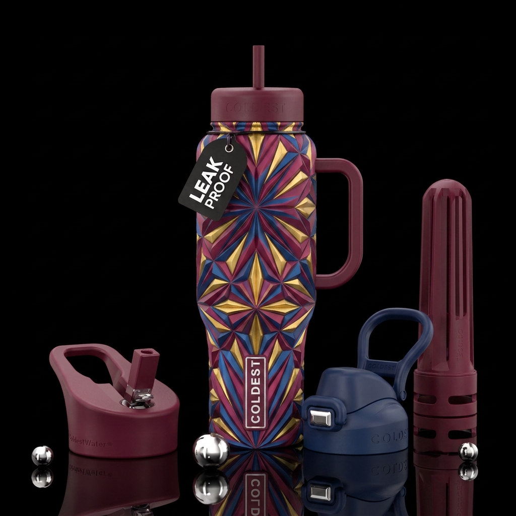 3D geometric patterns with maroon blue and gold water bottle design