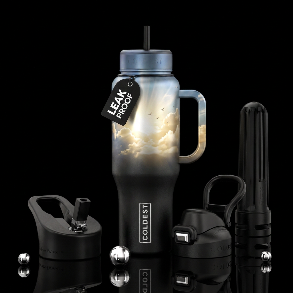 Sunshine rays clouds and birds water bottle design