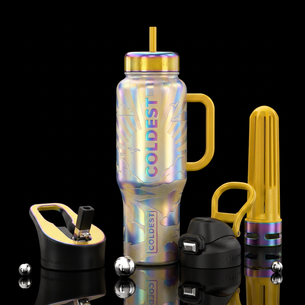 yellow handle with  iridescent Sunshine rays cloud... water bottle design