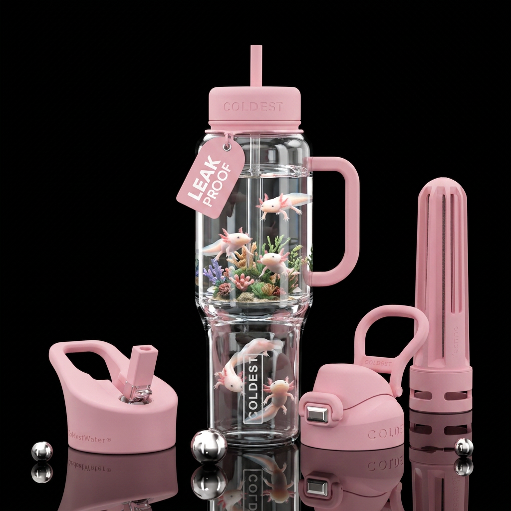 clear water, baby axelotyls and deccor water bottle design