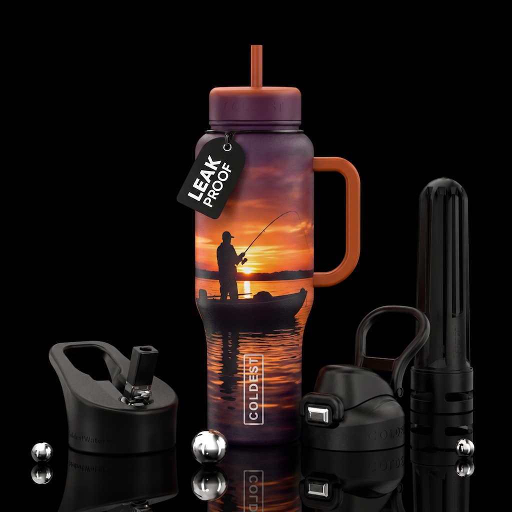 dark bottle, sunset fishing silhouette water bottle design