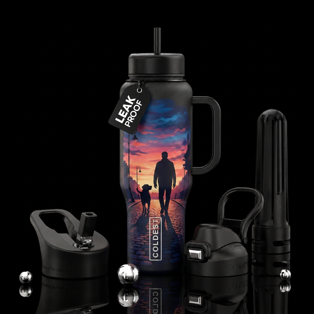 mans best friend: man and dog silhouette walking o... water bottle design