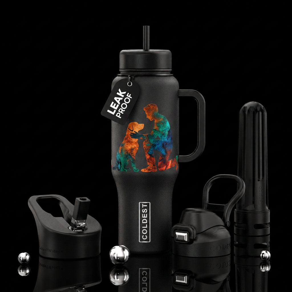 man kneeling and petting dog silhouette dark bottl... water bottle design