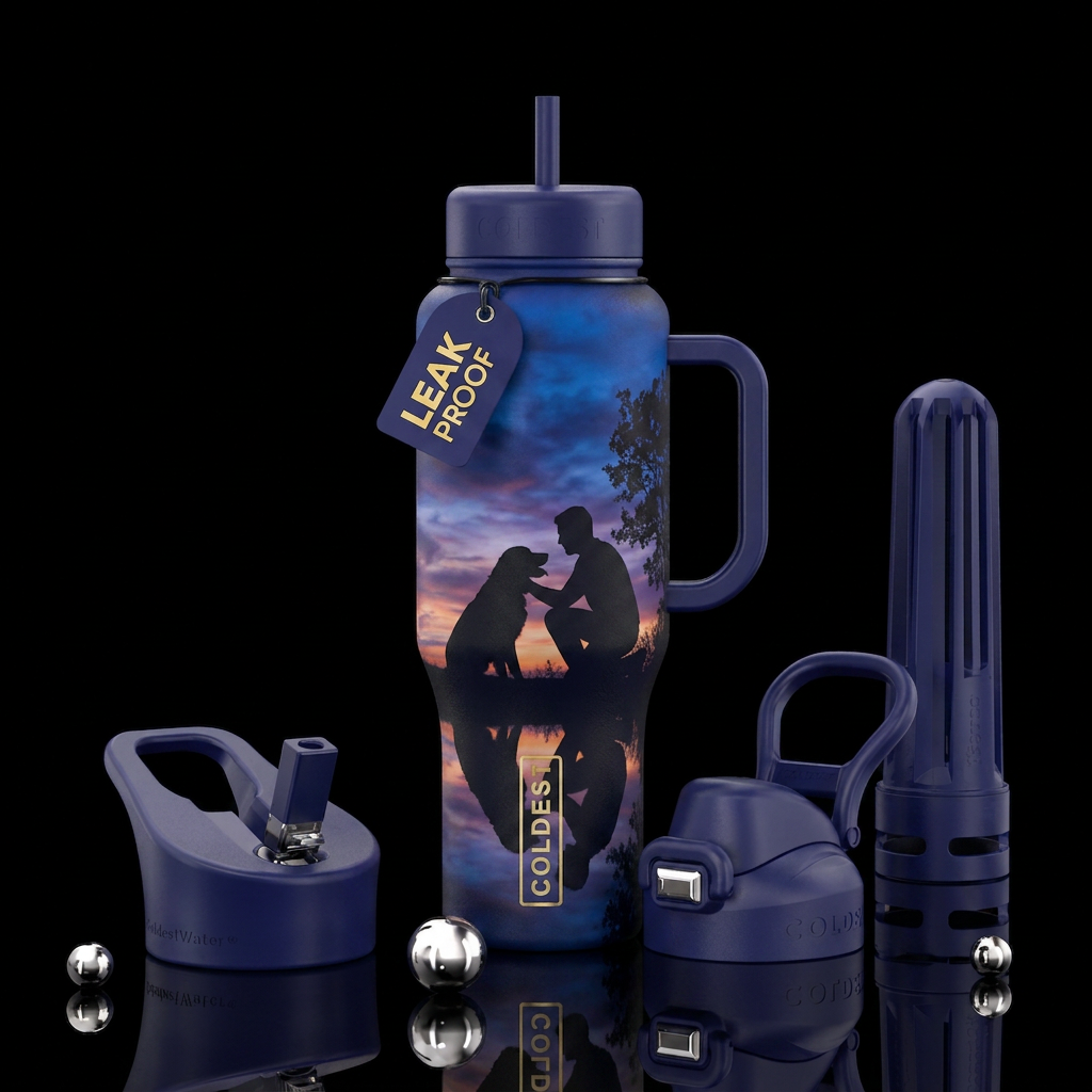 man kneeling and petting dog silhouette dark bottl... water bottle design