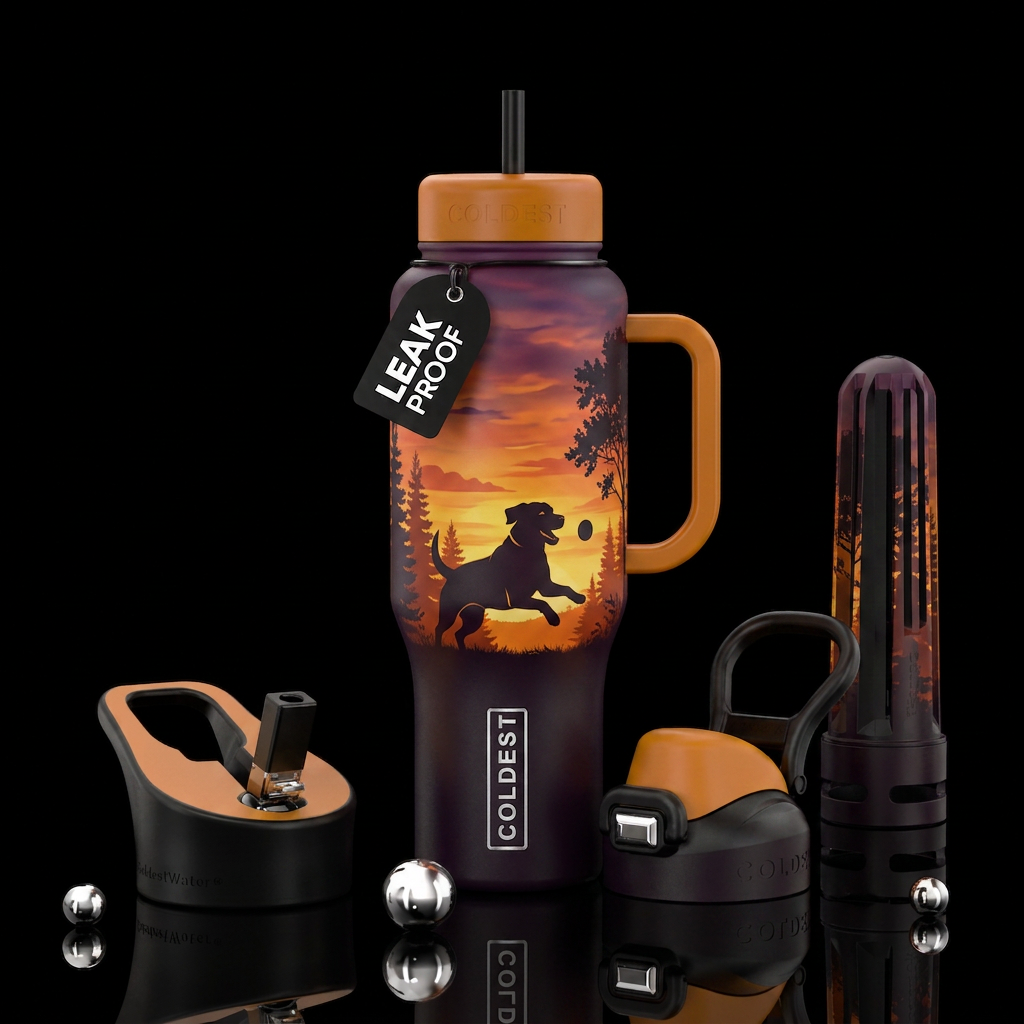 dog chasing ball silhouette trees in background su... water bottle design