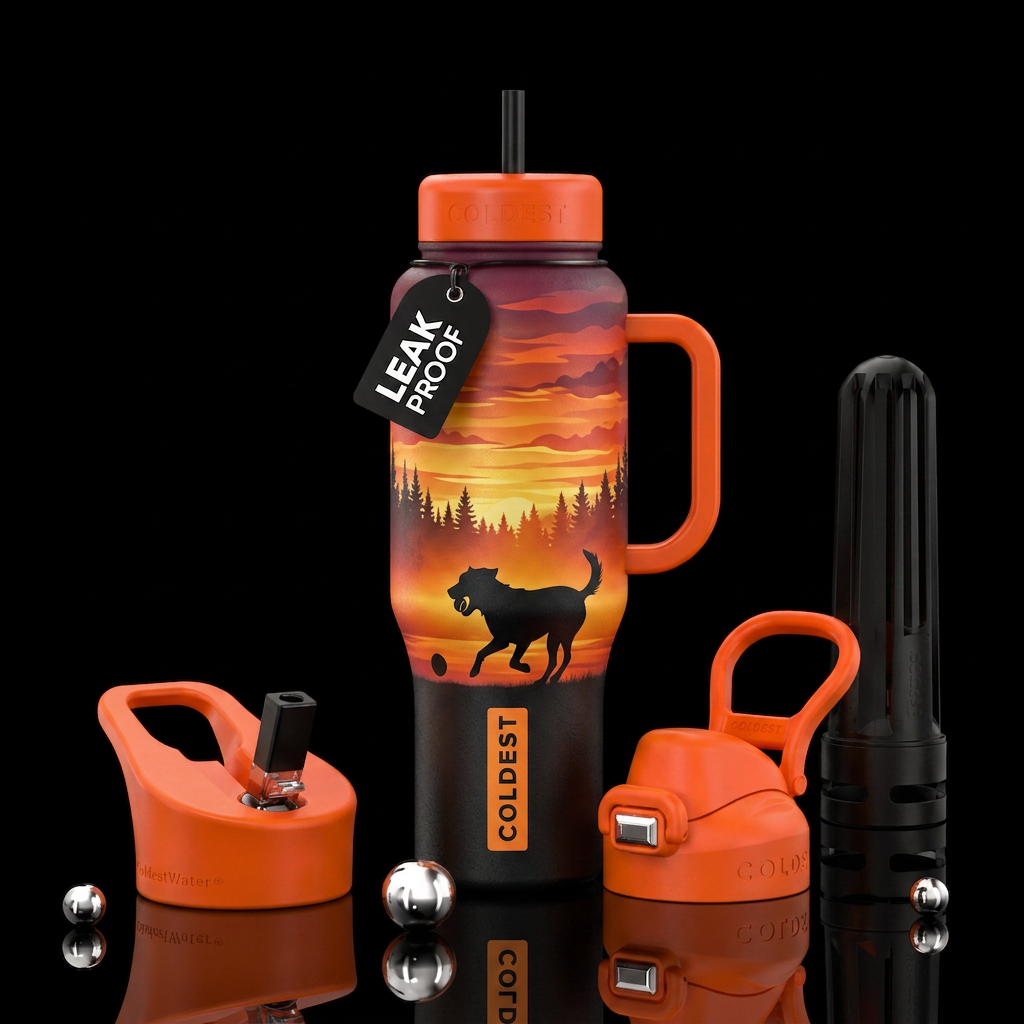 dog chasing ball silhouette trees in background su... water bottle design