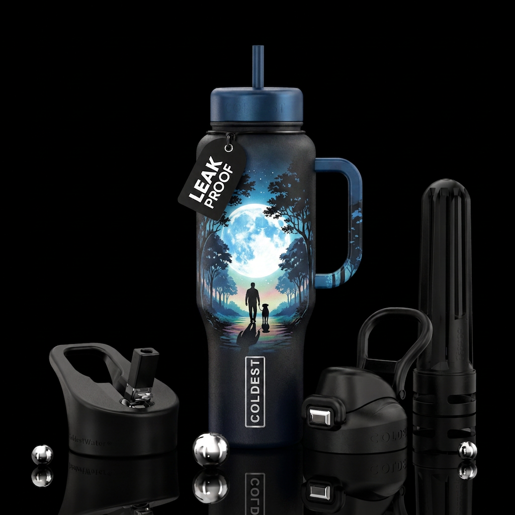 small silhouette of dog and man walking toward  th... water bottle design