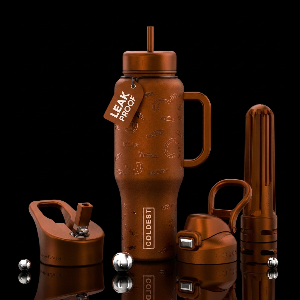 dark burnt orange bottle with very small silhouett... water bottle design