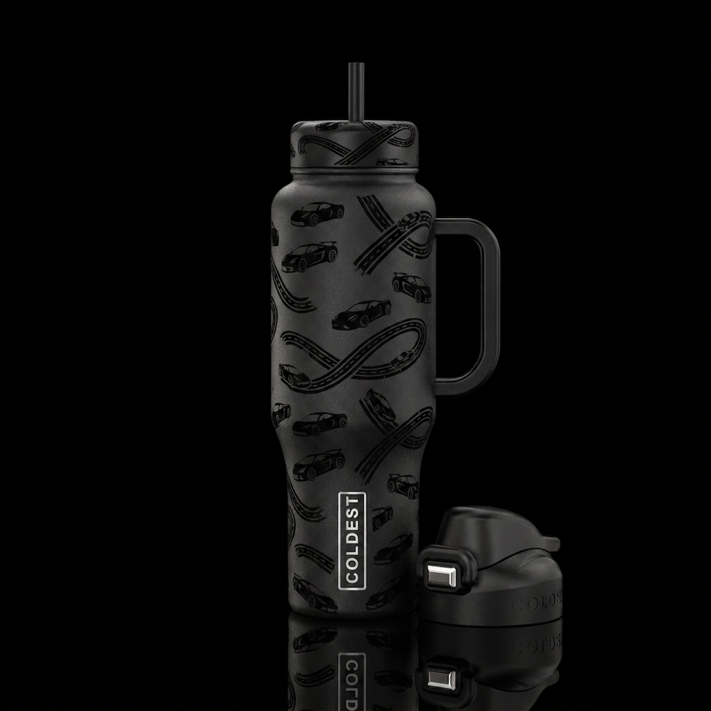 bottle with very small black silhouette sport cars... water bottle design