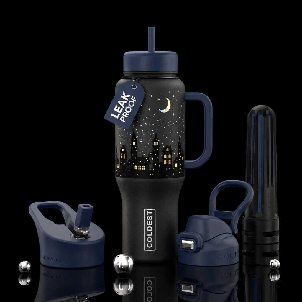black silhouette christmas village on the sides wi... water bottle design