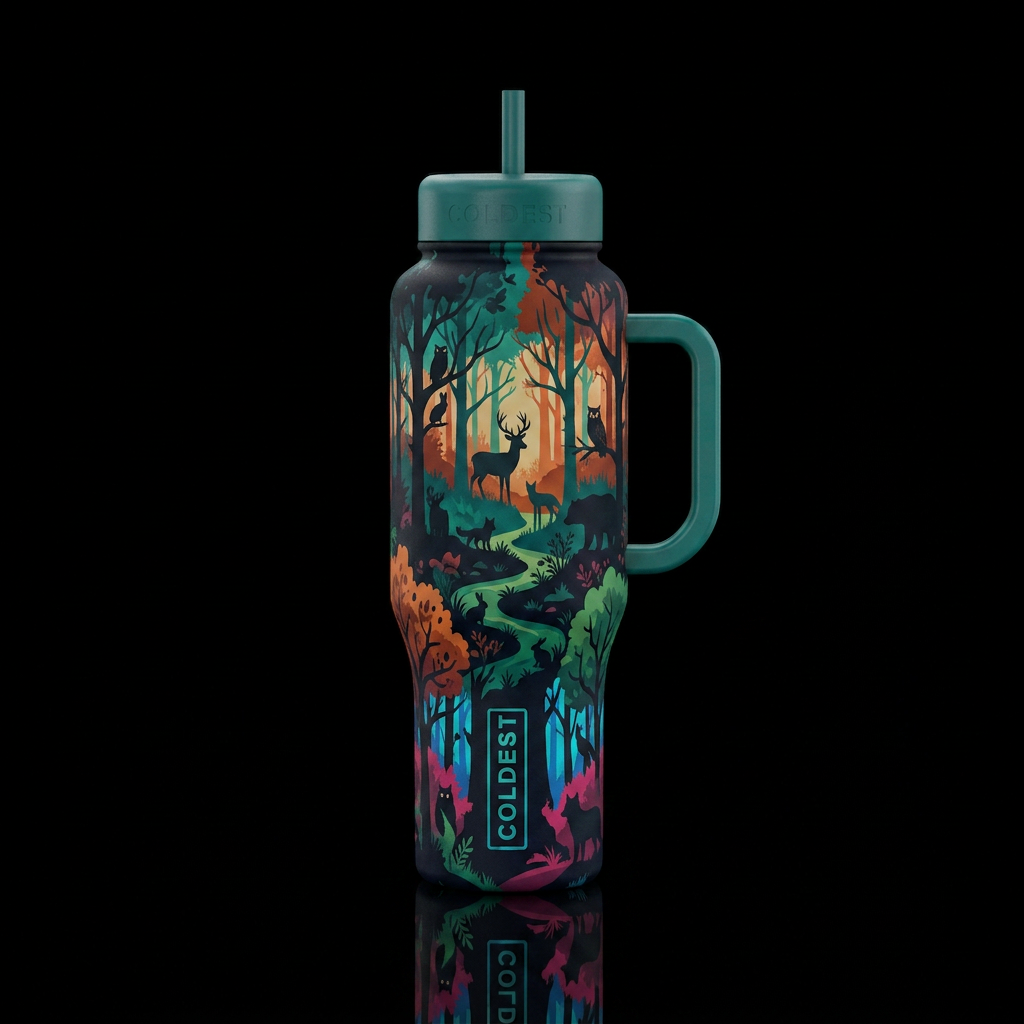 silhouetted forest creatures in a forest with a pa... water bottle design