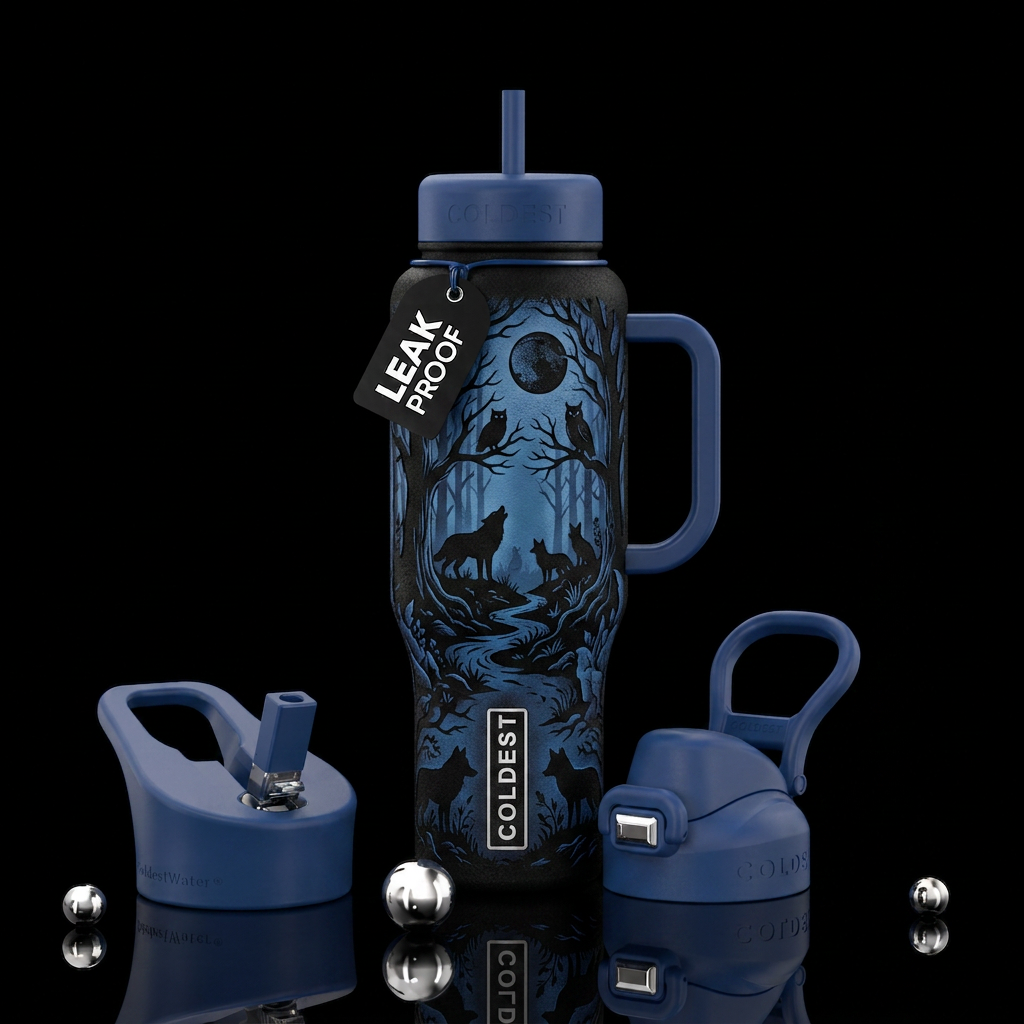 textured bottle black silhouetted forest creatures... water bottle design