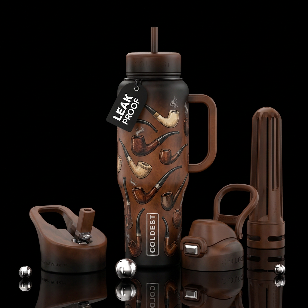 pipe smokers bottle brown and black with various p... water bottle design
