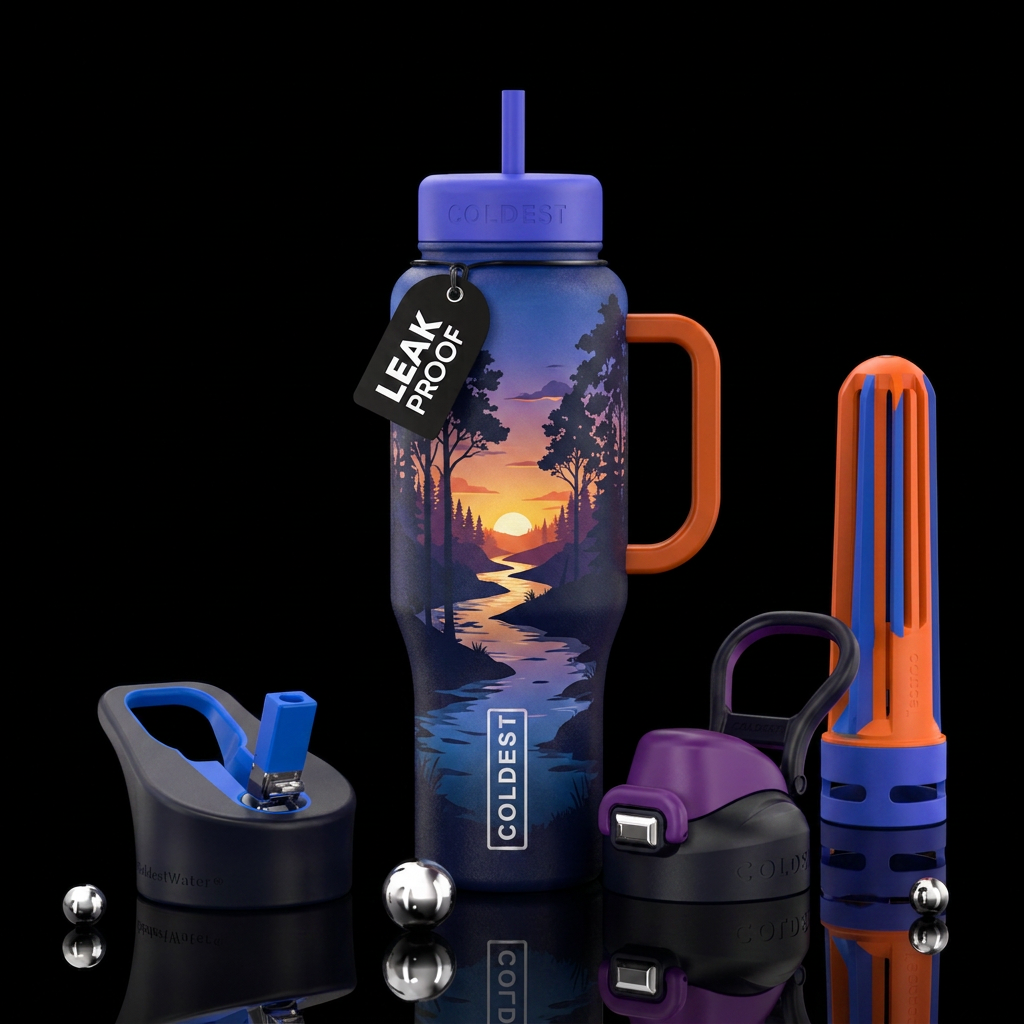 silhouette of stream with trees and dusk water bottle design