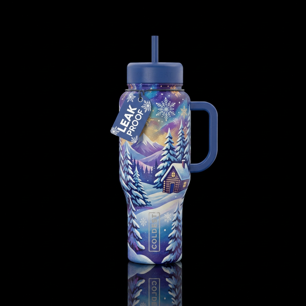 Snowy scene water bottle design