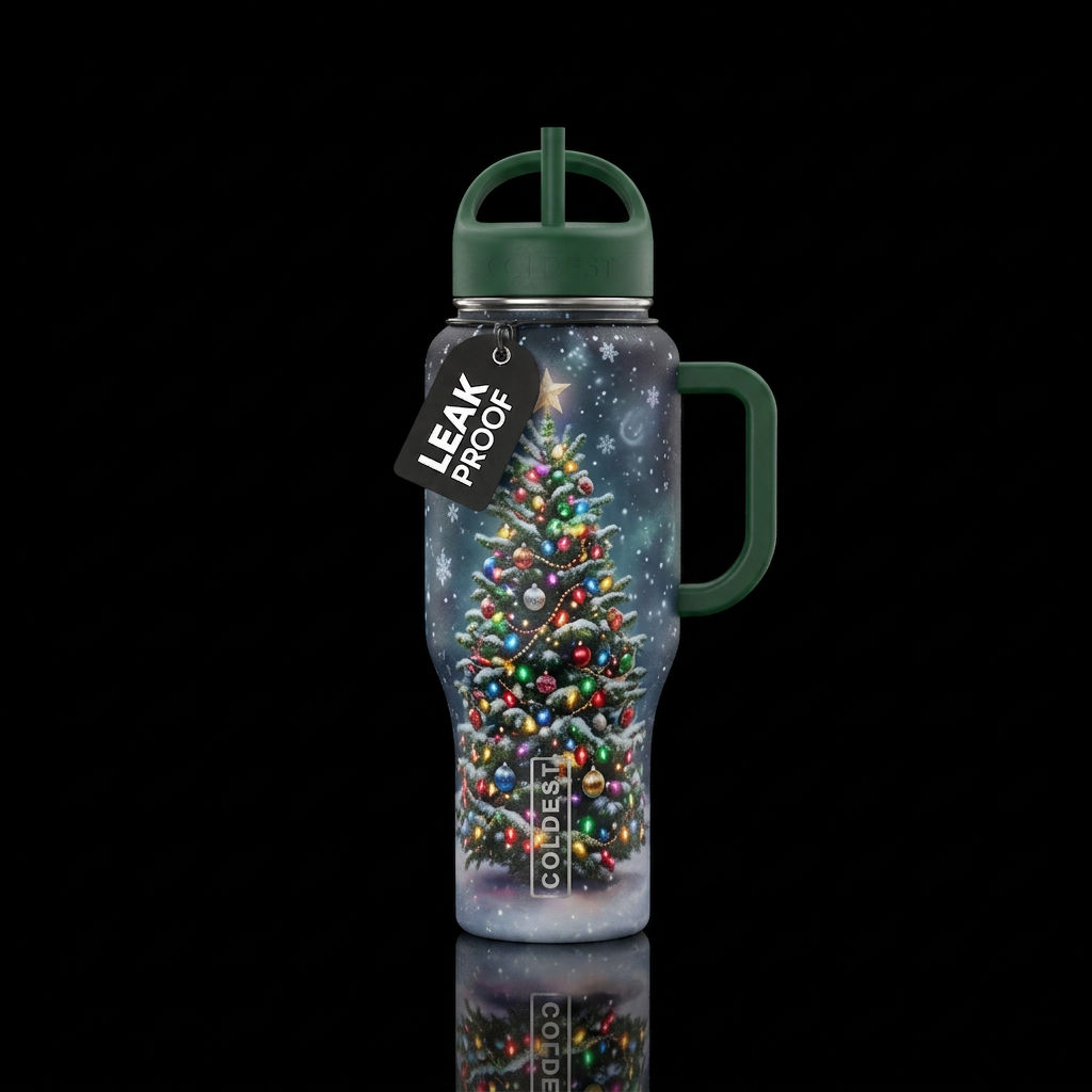 Snow fall Christmas tree water bottle design