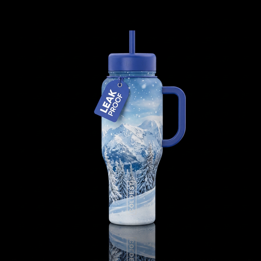 Snowy scene water bottle design