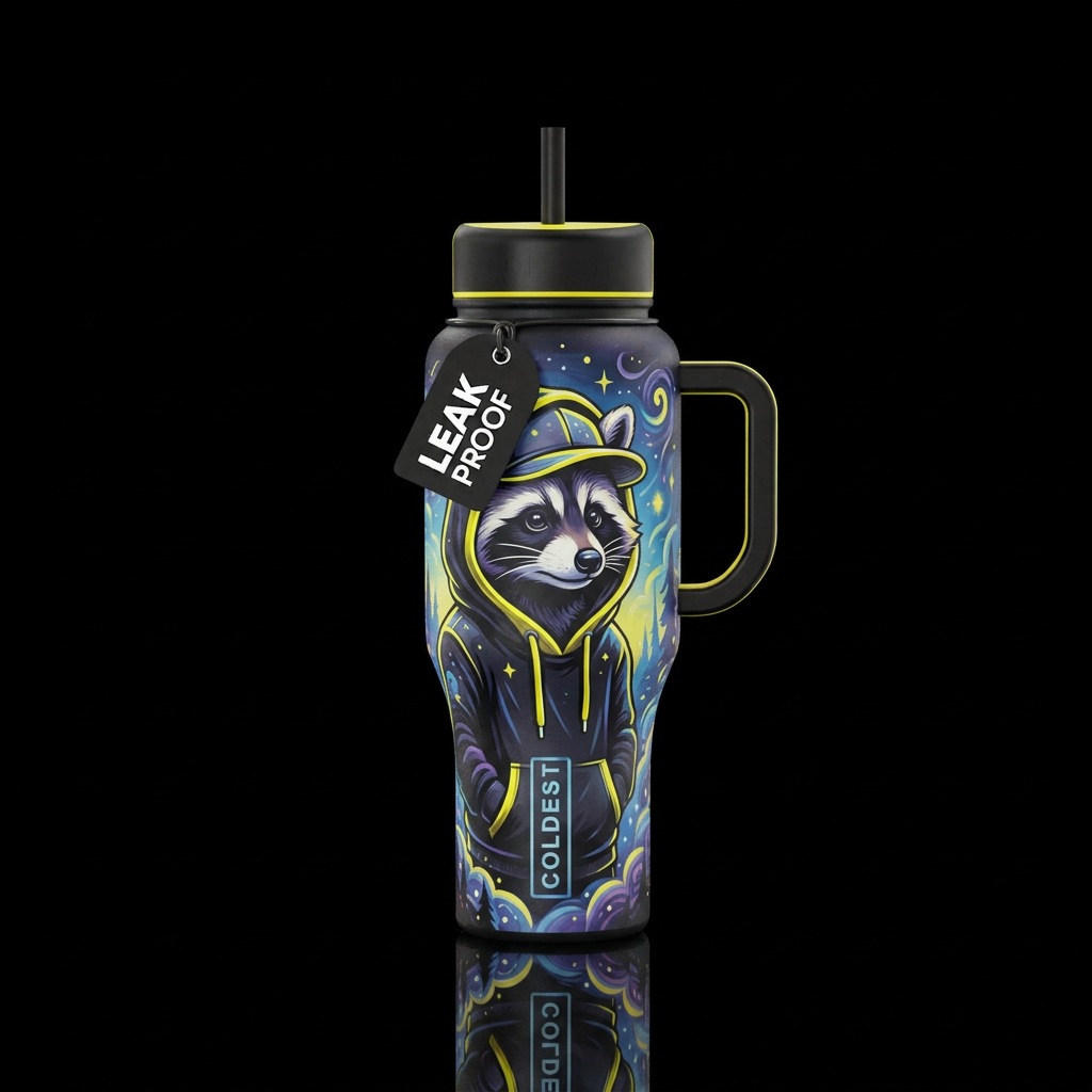 raccoon with a black hoodie and cap with bright ye... water bottle design