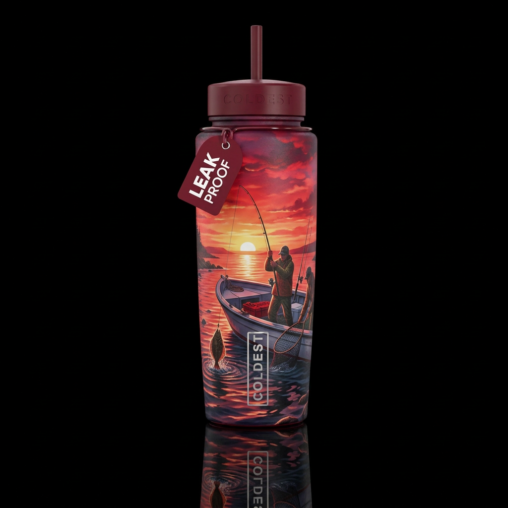 Fishing for flounders on a boat with pole in a bay... water bottle design