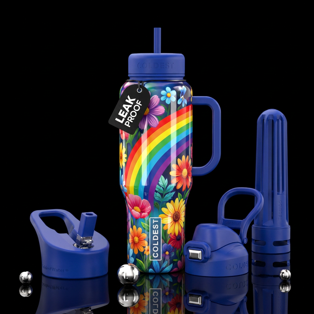 Summer flowers, rainbow water bottle design