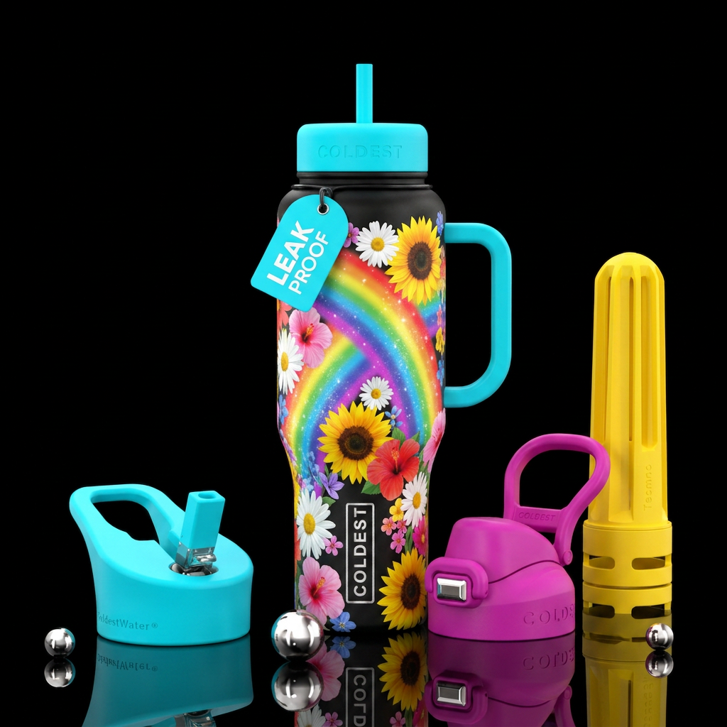 Summer flowers, rainbow water bottle design