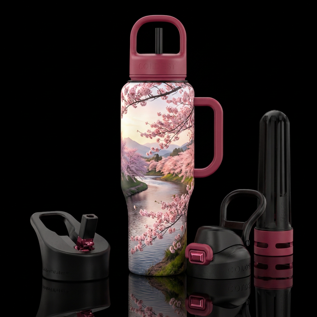 Japanese cherry trees along a river water bottle design