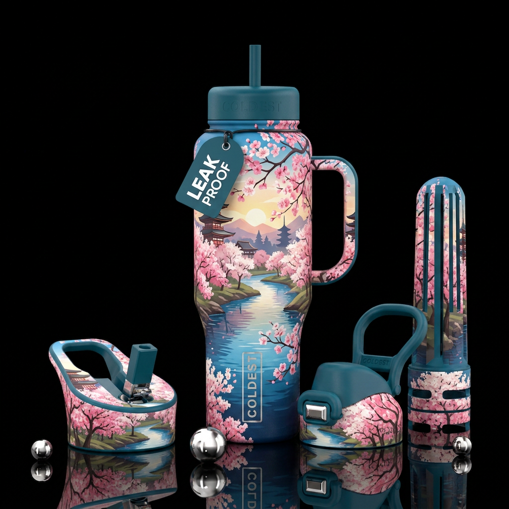 Japanese cherry trees along a river water bottle design