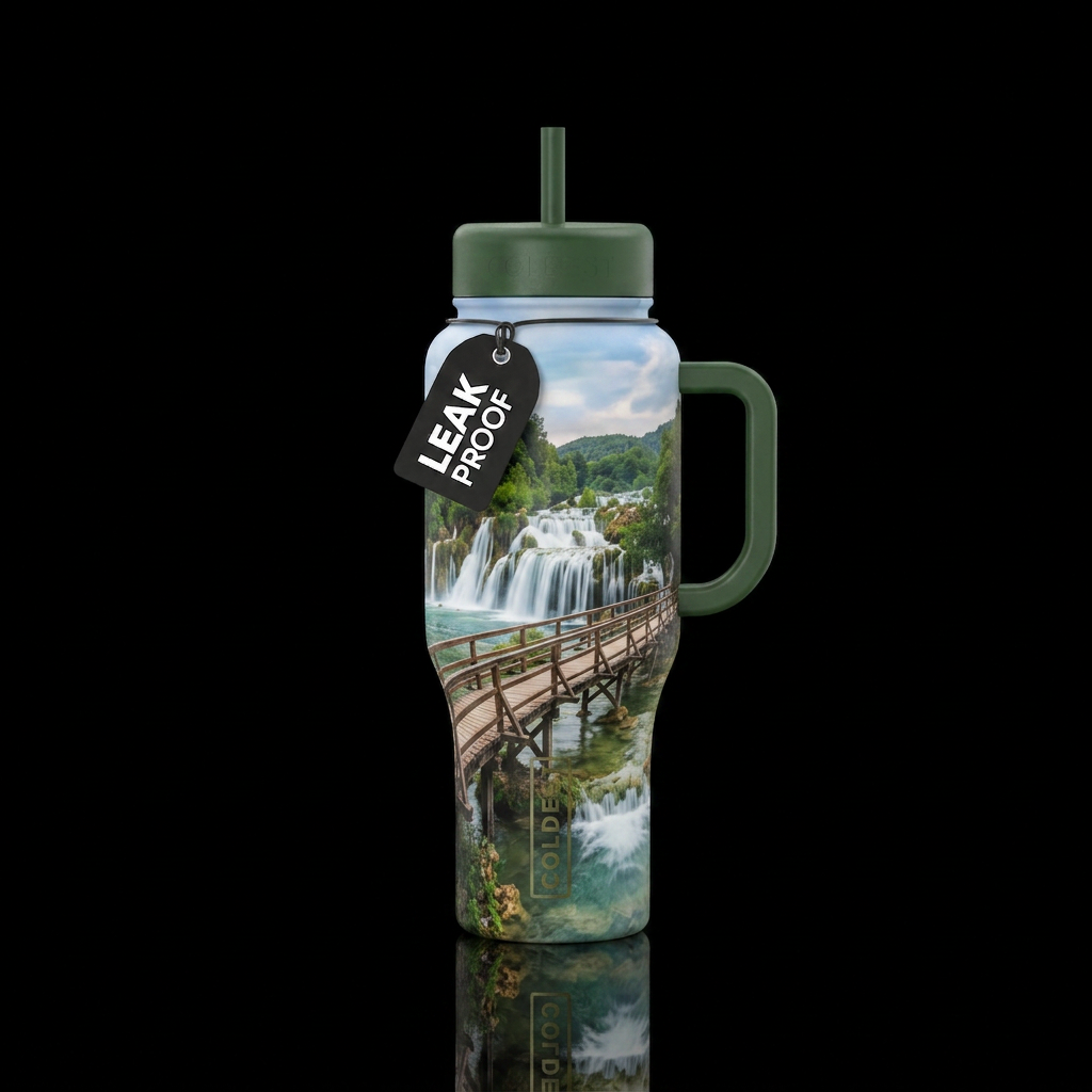Walking bridge over waterfalls. water bottle design