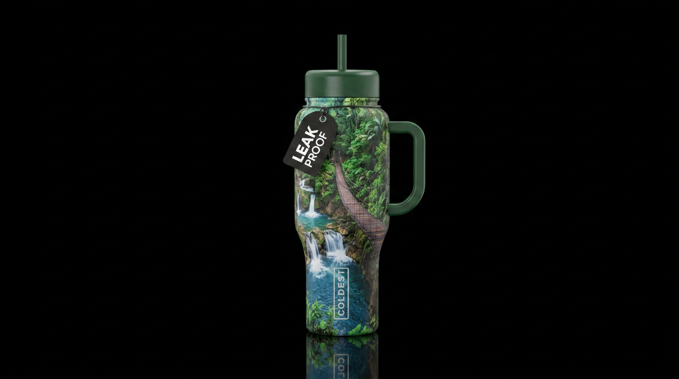 Walking bridge over waterfalls. water bottle design