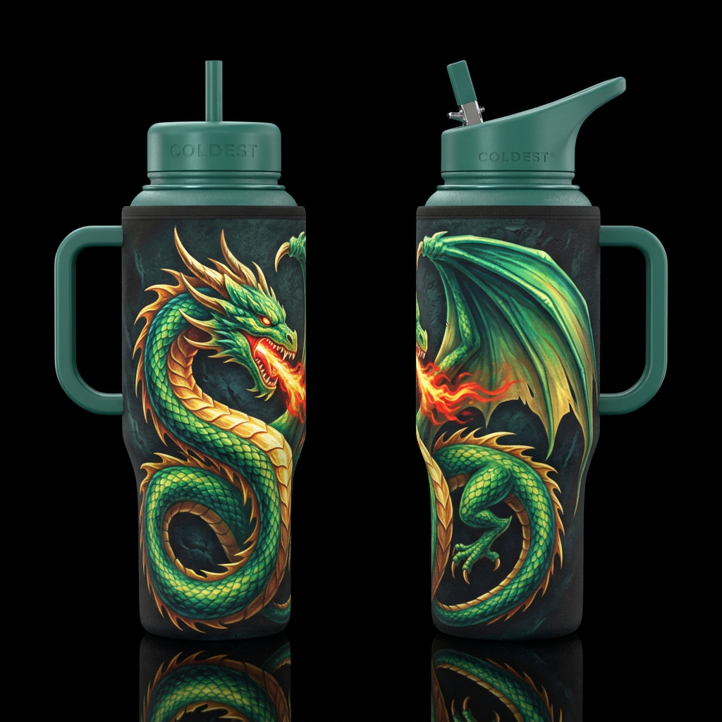Put a neoprene sleeve on the bottle with a dragon ... water bottle design
