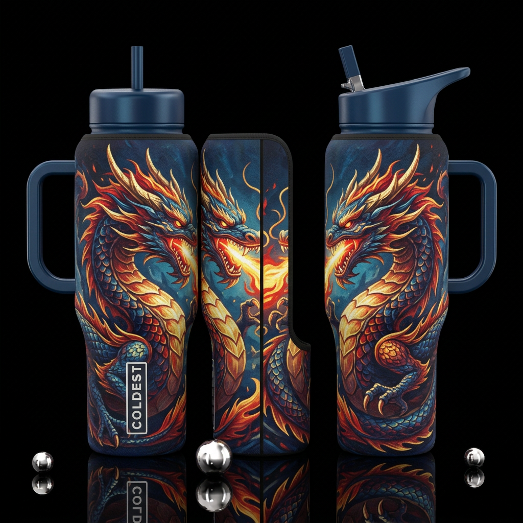 Put a neoprene sleeve on the bottle with a dragon ... water bottle design