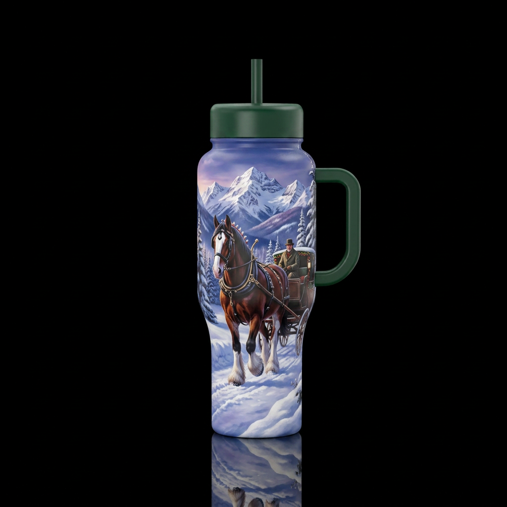 Clyde Dale horse pulling a buggy in the snow throu... water bottle design