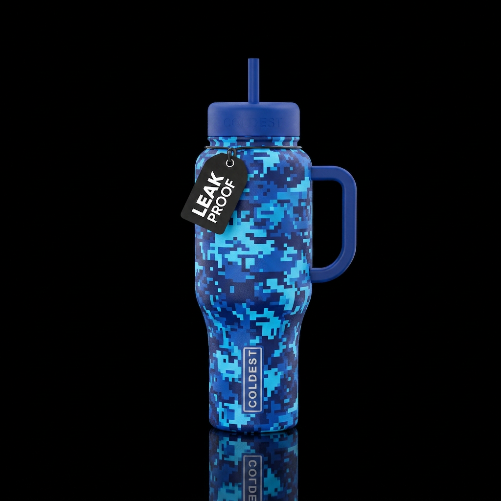 Digital blue camo water bottle design