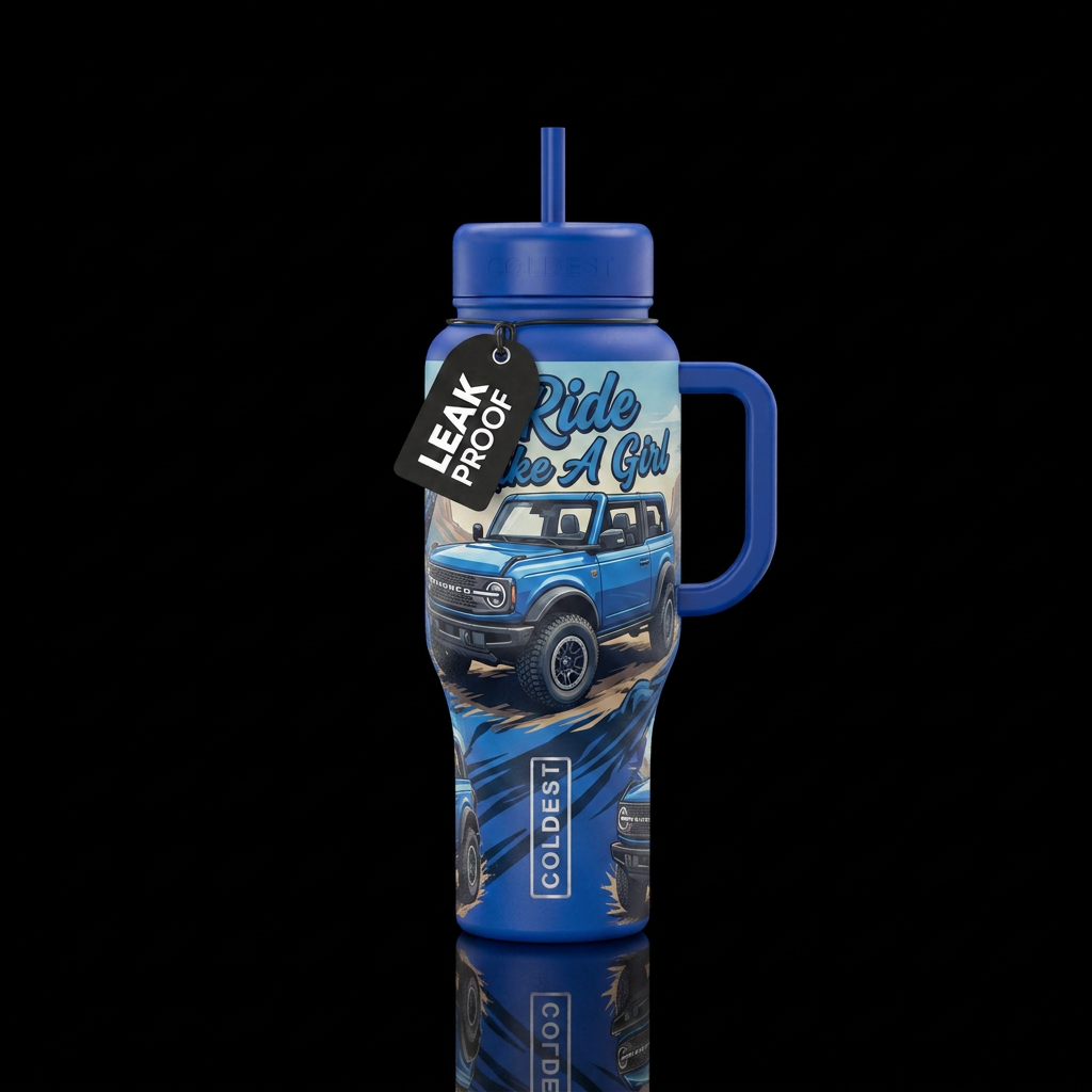 Ride Like A Girl in a 2 door Blue Bronco top off water bottle design