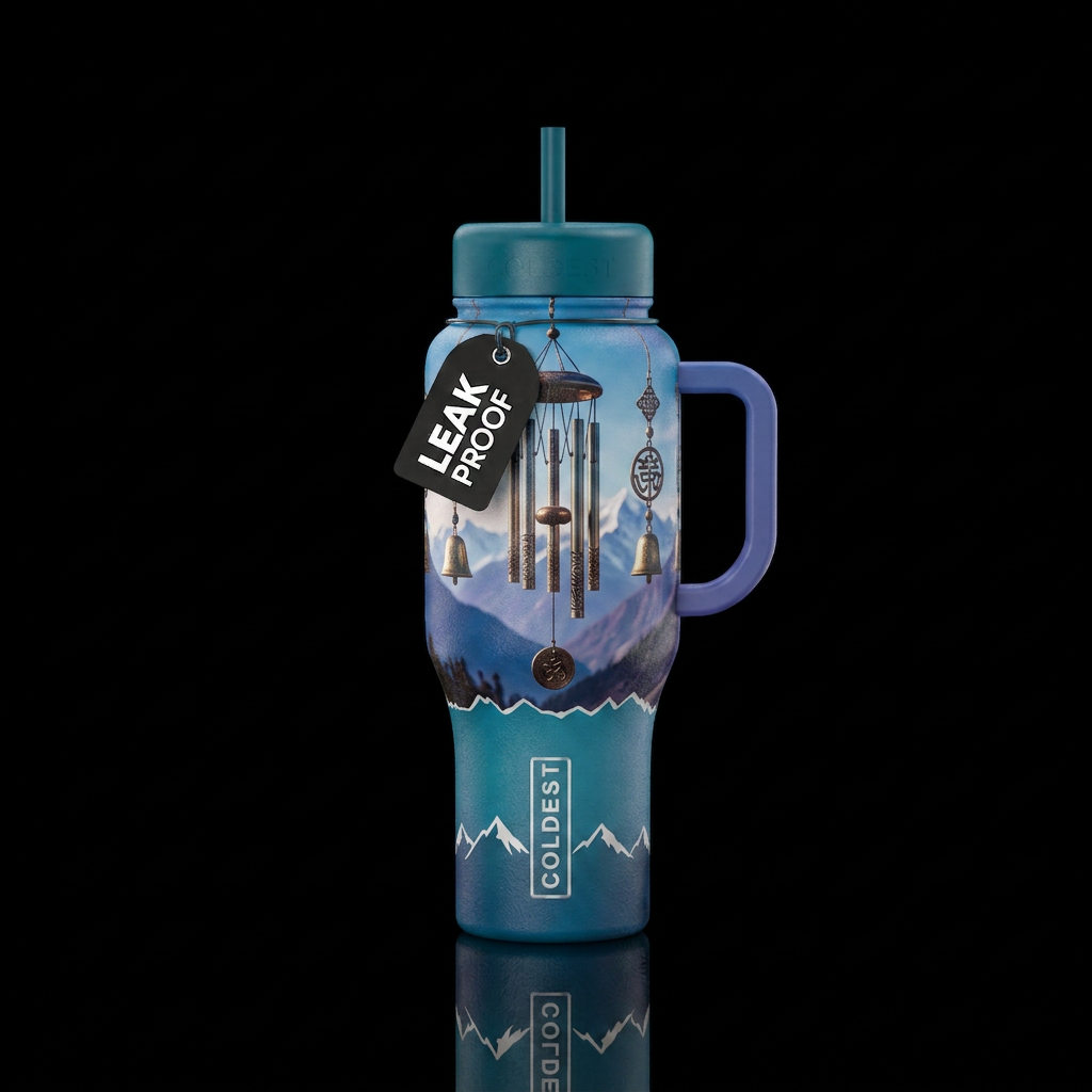 Beautiful wind chimes with a mountain background water bottle design