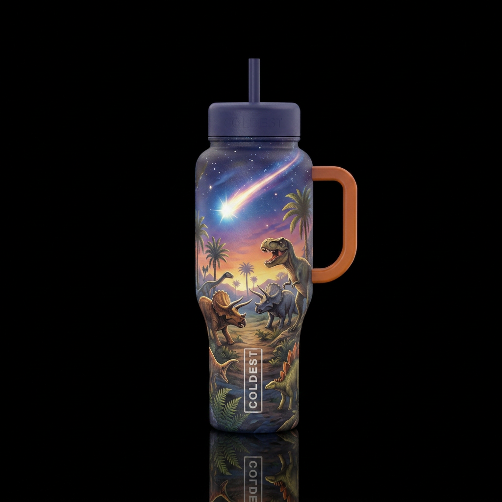 Shooting star over the land of dinosaurs water bottle design