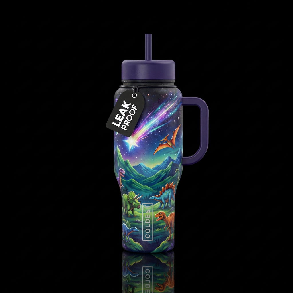 Shooting star over the land of dinosaurs water bottle design