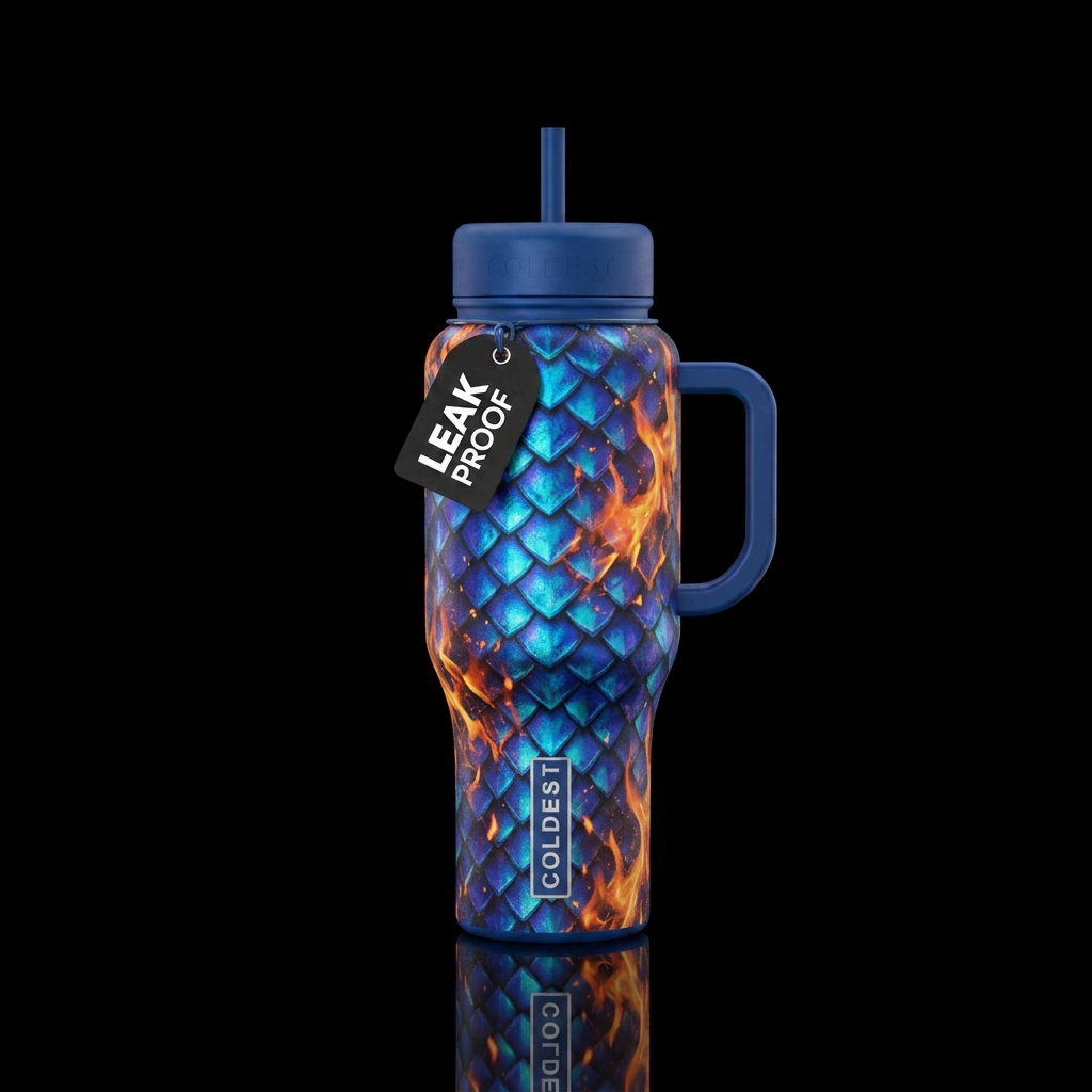 Multi chrome blue dragon scales on fire water bottle design