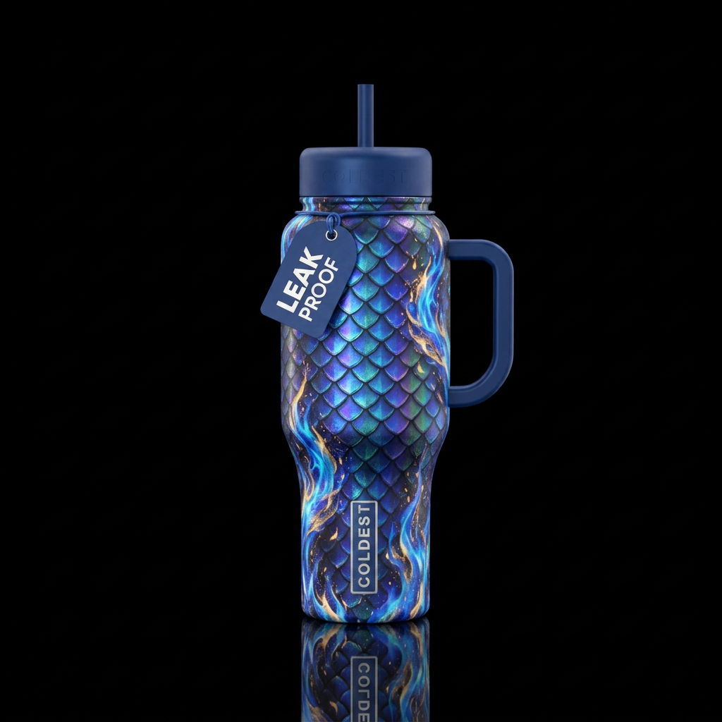 Multi chrome blue dragon scales on fire water bottle design