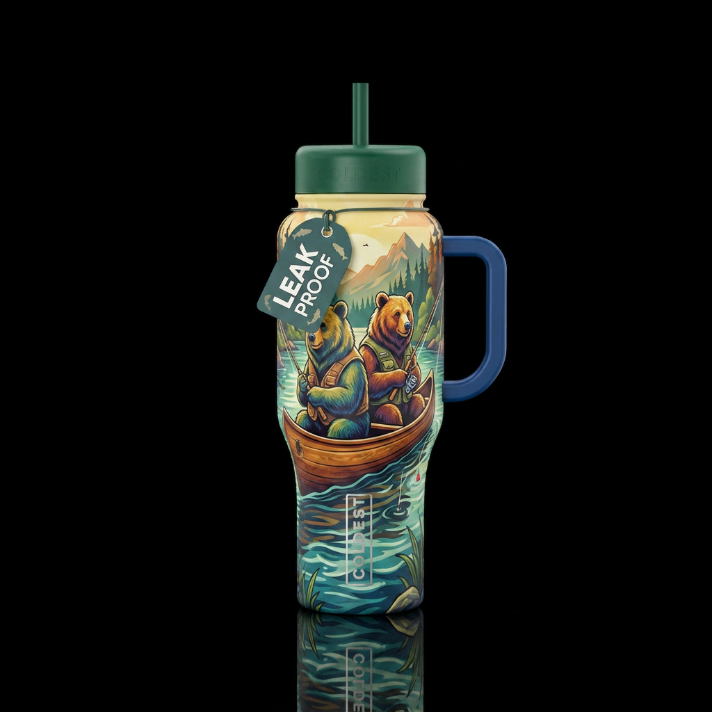 2 bears in a canoe fishing water bottle design