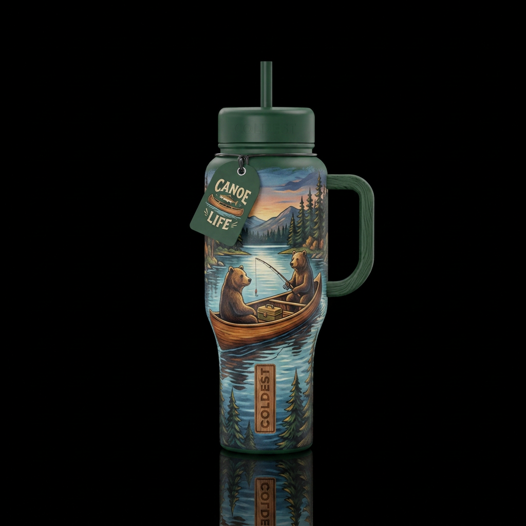 2 bears in a canoe fishing water bottle design