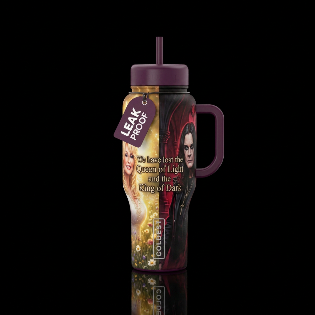 Dolly Parton with a bright background and Ozzy Osb... water bottle design