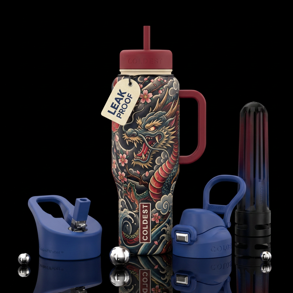 Japanese inspired tattoo art water bottle design