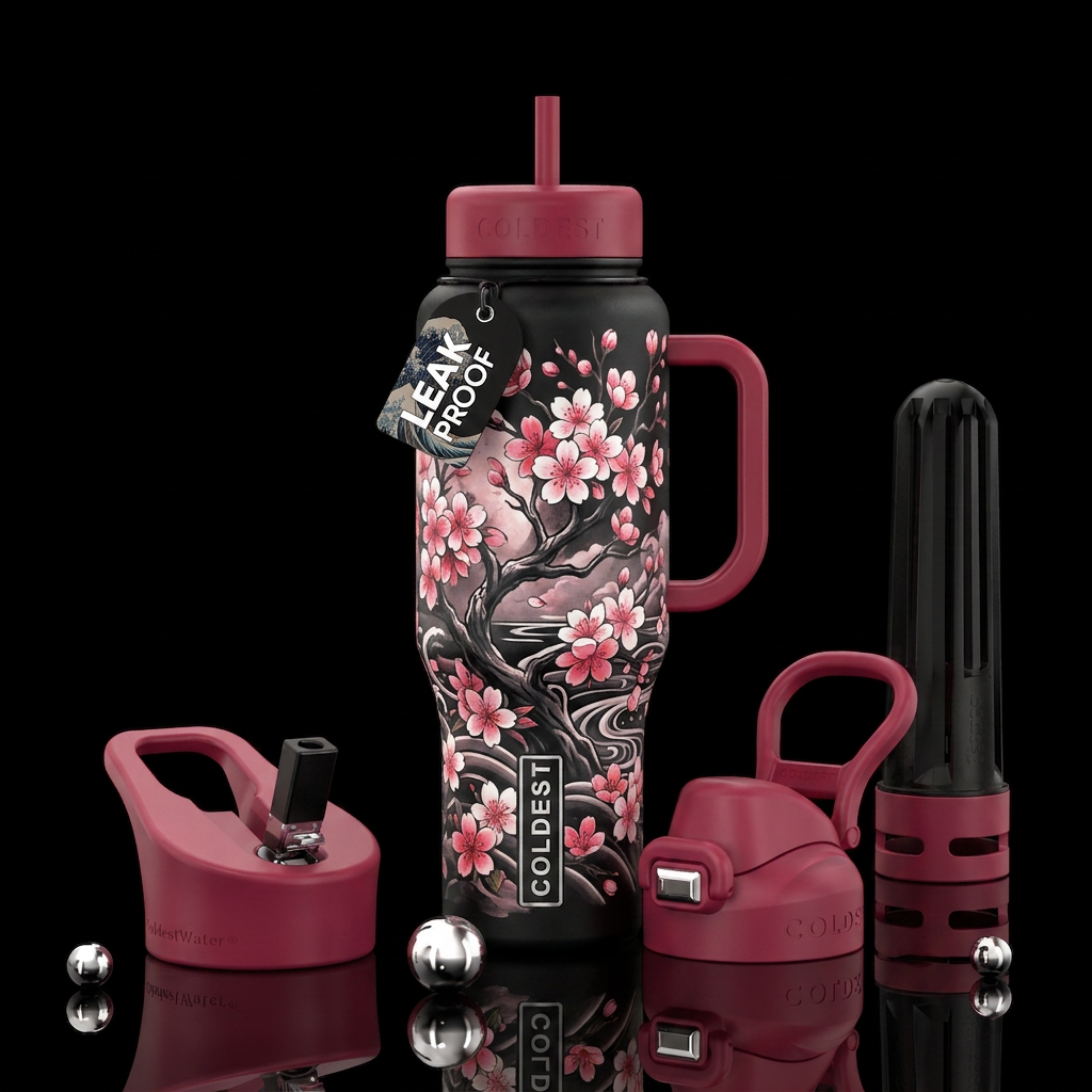 Japanese cherry blossom tattoo art water bottle design